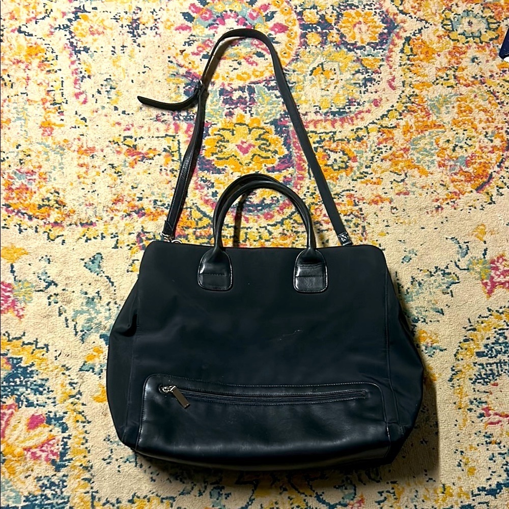 HOBO INTERNATIONAL BLACK NYLON / LEATHER LARGE CROSSBODY TOTE BAG 12" X 15"